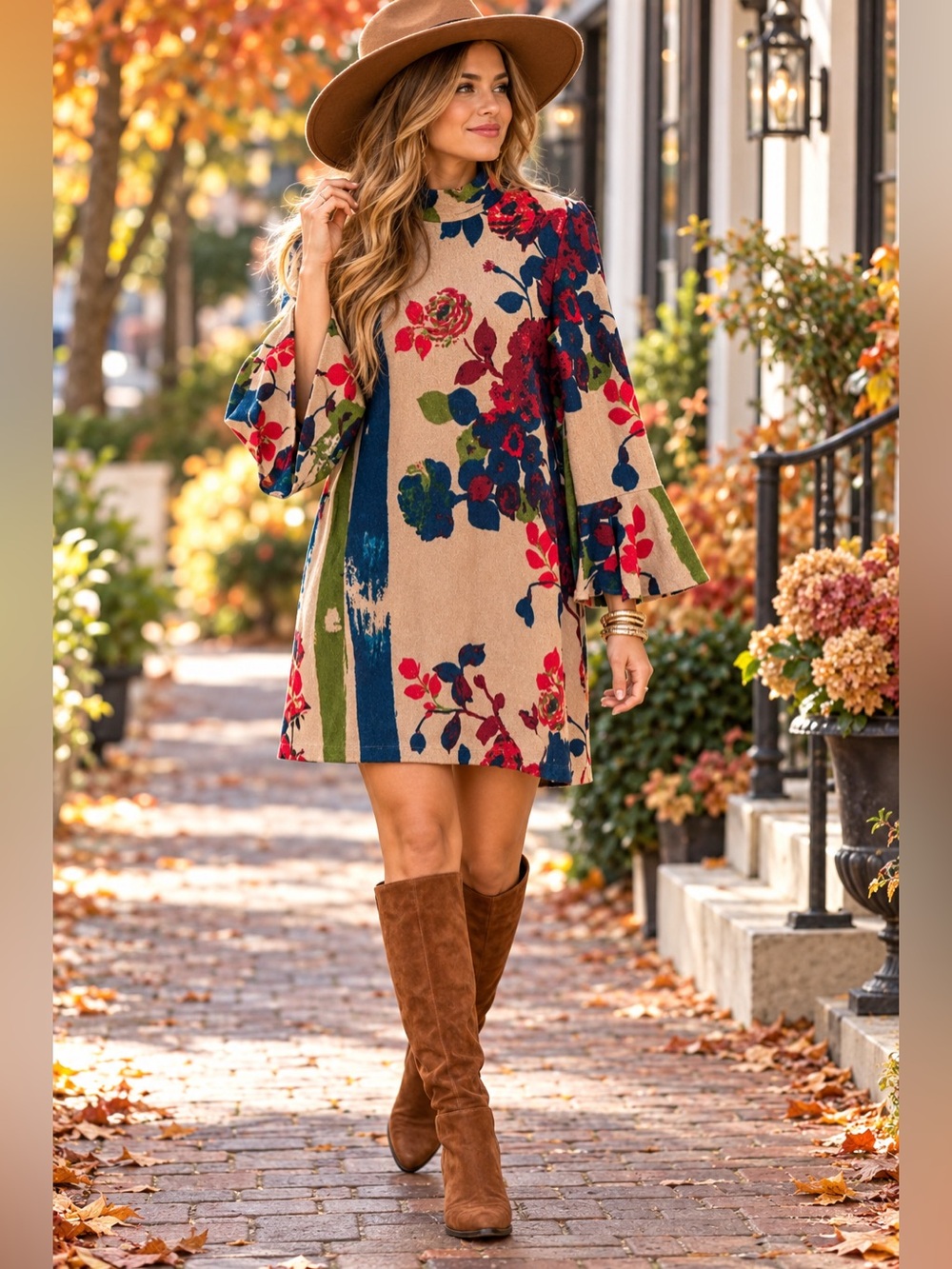 Grace Elements Floral Bell Sleeve Shift Dress M Boho 70s